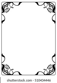 Vertical silhouette flower frame. Simple black and white frame with abstract flowers.Vector clip art.