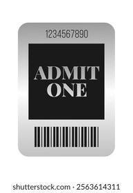 Vertical silver admit one, barcode template design. Cinema, theater, casino, concert, opera, ballet, performance chrome blank. Vector illustration on white background