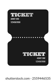 Vertical silver ticket template design. Cinema, theater, casino, concert, opera, ballet, performance coupon. Metal gradient text, black blank. Vector illustration on white background