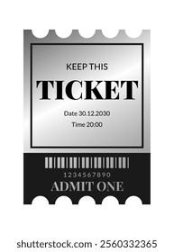 Vertical silver ticket template design. Cinema, theater, casino, concert, opera, ballet, performance chrome blank. Vector illustration on white background