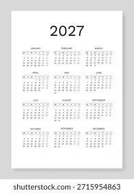 Vertical de calendario sencillo para 2027. La semana comienza el lunes y dos días del fin de semana