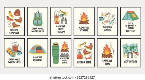 Vertical simple camping poster big set. Summer outdoor activity brochure with hiking and camping logo, nature recreation concept. Flyer banner for forest adventure, summer travel camp illustration.