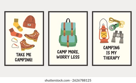Vertical simple camping poster set. Summer outdoor activity brochure with hiking and camping logo, nature recreation concept. Flyer banner for forest adventure, summer travel camp illustration.