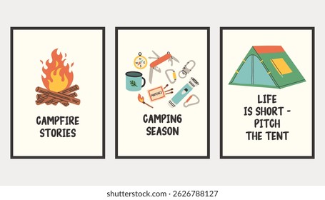Vertical simple camping poster set. Summer outdoor activity brochure with hiking and camping logo, nature recreation concept. Flyer banner for forest adventure, summer travel camp illustration.