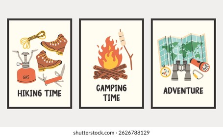 Vertical simple camping poster set. Summer outdoor activity brochure with hiking and camping logo, nature recreation concept. Flyer banner for forest adventure, summer travel camp illustration.