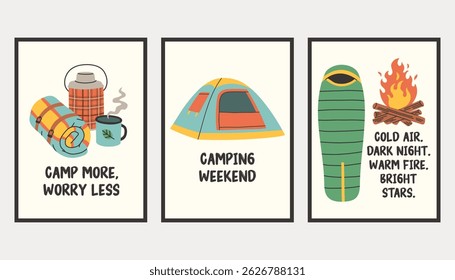 Vertical simple camping poster set. Summer outdoor activity brochure with hiking and camping logo, nature recreation concept. Flyer banner for forest adventure, summer travel camp illustration.