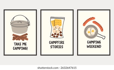 Vertical simple camping poster set. Summer outdoor activity brochure with hiking and camping logo, nature recreation concept. Flyer banner for forest adventure, summer travel camp illustration.