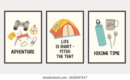 Vertical simple camping poster set. Summer outdoor activity brochure with hiking and camping logo, nature recreation concept. Flyer banner for forest adventure, summer travel camp illustration.
