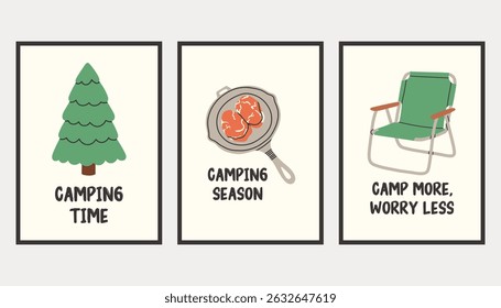 Vertical simple camping poster set. Summer outdoor activity brochure with hiking and camping logo, nature recreation concept. Flyer banner for forest adventure, summer travel camp illustration.