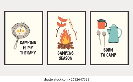 Vertical simple camping poster set. Summer outdoor activity brochure with hiking and camping logo, nature recreation concept. Flyer banner for forest adventure, summer travel camp illustration.