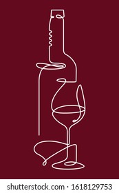 Vertical single outline drawing with a bottle, wine glass, and a corkscrew. Continuous line on a dark background. Modern design element for wine tasting, menu, wine list, restaurant, winery, shop.
