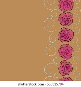 Vertical sketch with watercolor effect. Seamless pattern with vector beige, pink and neutral rose flowers and copy space (place for your text).