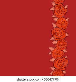 Vertical sketch with watercolor effect. Seamless pattern with vector red and orange rose flowers and copy space (place for your text).