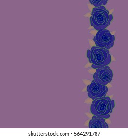 Vertical sketch with watercolor effect. Seamless pattern with vector blue, green and purple rose flowers and copy space (place for your text).