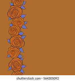 Vertical sketch with watercolor effect. Seamless pattern with vector orange, blue and brown rose flowers and copy space (place for your text).