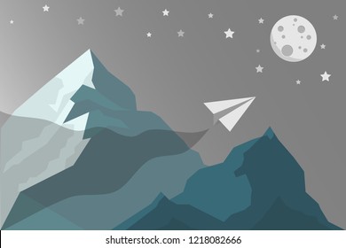 Vertical sky space with steep snowy mountain peaks. Shinning moon and star constellations. No clouds. Paper airplane. Web design. Space exploring. Vector isolated illustration.