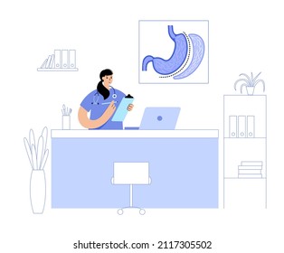 Vertical Sleeve Gastrectomy. Consultation With Doctor In Clinic. Stomach Surgery, Weight Loss Gastric Procedure. Laparoscopy Concept. Overweight Problem In Human Body. Flat Vector Medical Illustration