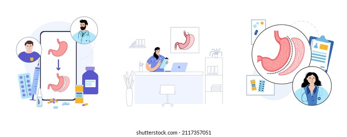 Vertical sleeve gastrectomy. Consultation with doctor in clinic. Stomach surgery, weight loss gastric procedure. Laparoscopy concept. Overweight problem in human body. Flat vector medical illustration