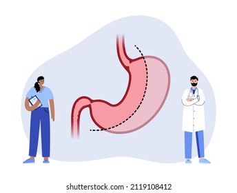 Vertical Sleeve Gastrectomy. Consultation With Doctor In Clinic. Stomach Surgery, Weight Loss Gastric Procedure. Laparoscopy Concept. Overweight Problem In Human Body. Flat Vector Medical Illustration