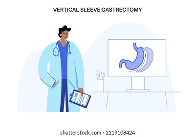 Vertical Sleeve Gastrectomy. Consultation With Doctor In Clinic. Stomach Surgery, Weight Loss Gastric Procedure. Laparoscopy Concept. Overweight Problem In Human Body. Flat Vector Medical Illustration