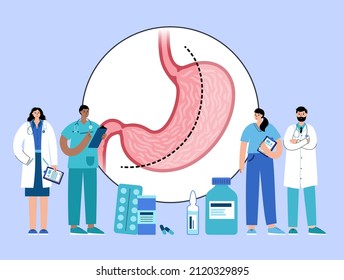 Vertical sleeve gastrectomy. Consultation with doctor in clinic. Stomach surgery, weight loss gastric procedure. Laparoscopy concept. Overweight problem in human body. Flat vector medical illustration