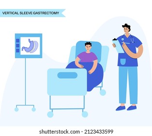 Vertical Sleeve Gastrectomy. Consultation With Doctor In Clinic. Stomach Surgery, Weight Loss Gastric Procedure. Laparoscopy Concept. Overweight Problem In Human Body. Flat Vector Medical Illustration