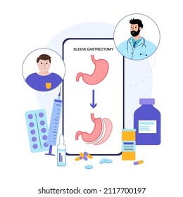 Vertical Sleeve Gastrectomy. Online Consultation On Phone. Stomach Surgery, Weight Loss Gastric Procedure. Laparoscopy Concept. Overweight Problem In Human Body. Flat Vector Medical Illustration