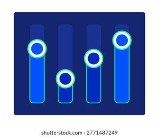 Vertical slider controls neon dashboard UI element. Adjustable settings. Sound equalizer. Parameter knobs. Digital user interface component in futuristic cyberpunk style on dark background. HUD design