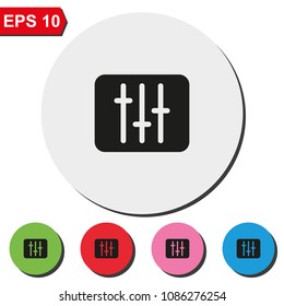 Vertical sliders, faders and potentiometers flat round colorful vector icon.