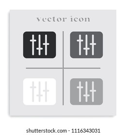 Vertical sliders, faders and potentiometers flat black and white vector icon.