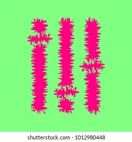 Vertical sliders, faders and potentiometers. Vector. Magenta rough icon on greenish background. Isolated.