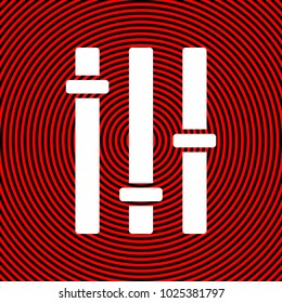 Vertical sliders, faders and potentiometers. Vector. White icon on red and black radial pattern as background. Isolated.