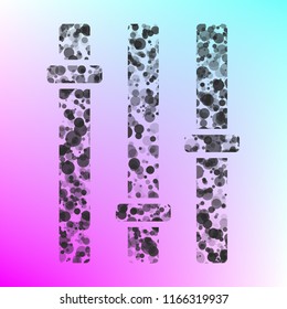 Vertical sliders, faders and potentiometers. Vector. Gray icon with bubbled texture at color background with pink and sky blue corners.