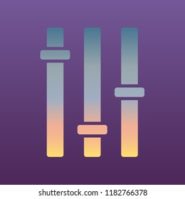 Vertical sliders, faders and potentiometers. Vector. Evening gradient icon at violet background.