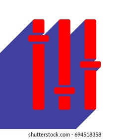 Vertical sliders, faders and potentiometers. Vector. Red flat style icon with dark blue long shadow on white background.
