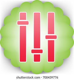 Vertical sliders, faders and potentiometers. Vector. Pinkish icon with white contour on green background which similar to flower.