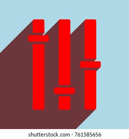 Vertical sliders, faders and potentiometers. Vector. Red flat icon with infinte wine shadow to left down corner at sky background.