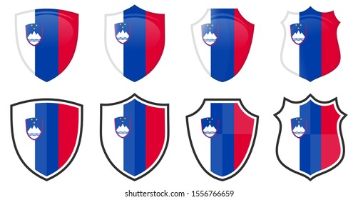 Vertical Slovenia flag in shield shape, four 3d and simple versions. Slovene icon / sign