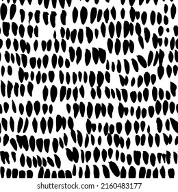 Vertical small dots in a row. Hand drawn geometric vector seamless pattern. Abstract monochrome background with uneven specks, spots, ink blobs. Background with irregular, chaotic dots, points