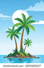 Vertical Small Tropical Island Flat Vector Background With Coconut Palm Trees And Sun