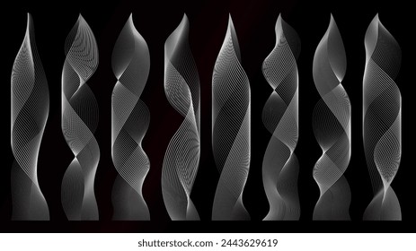 Vertical smoke trails. Fire flames or fluid aroma vapor steam with rainbow cigarette swirl. Vector transparent lines of heat stream, hot abstract liquid color flow.