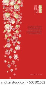 Vertical snowfall border frame. Polygonal trendy style snowflakes on red gold background. Winter holidays concept winter label. Vector  illustration stock vector.