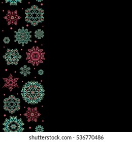 Vertical snowflakes pattern with copy space (place for your text). Vector seamless pattern with snowflakes on black background.