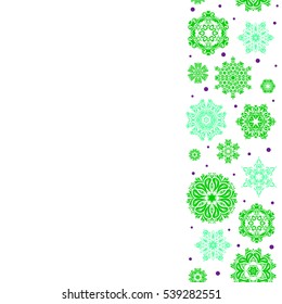 Vertical snowflakes pattern in green and purple colors with copy space (place for your text). Vector christmas abstract white background with falling snowflakes.