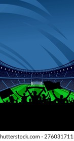 Vertical soccer stadium background with cheering fans silhouettes and copy space, vector illustration