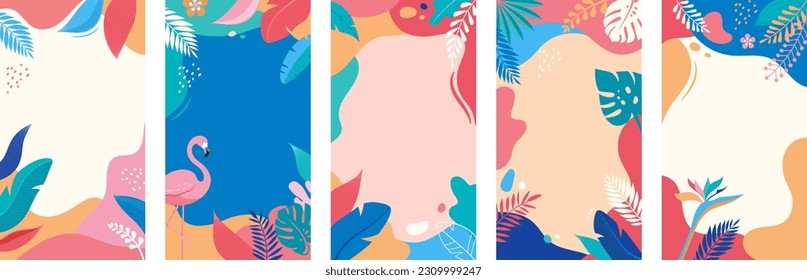 Vertical social media summer fun stories design templates with organic shapes, tropical leaves and copy space for text. Background for banner, greeting card, poster and advertising