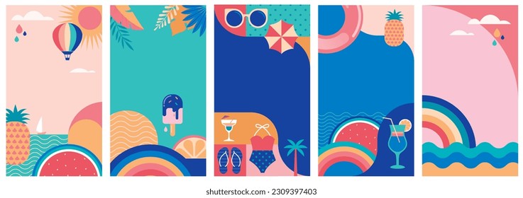 Vertical social media summer stories geometric design templates with copy space for text. Summer backgrounds for banner, greeting card, summer beach poster and advertising - summer fun concept