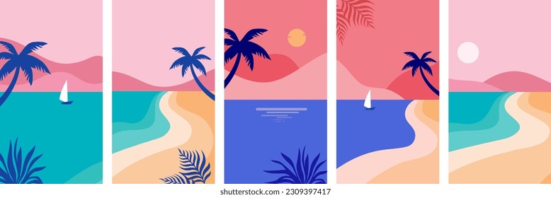 Vertical social media summer stories design templates with copy space. Tropical landscape backgrounds for banner, greeting card, summer beach poster and advertising. Summer fun concept - vector