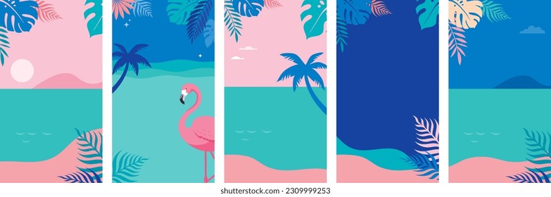 Vertical social media summer stories design templates with copy space for text. Tropical landscape and summer beach backgrounds for banner, greeting card, poster and advertising.