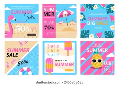 Vertical social media summer stories geometric design templates with copy space for text. Summer backgrounds for banner, greeting card, summer beach poster and advertising - summer fun concept
